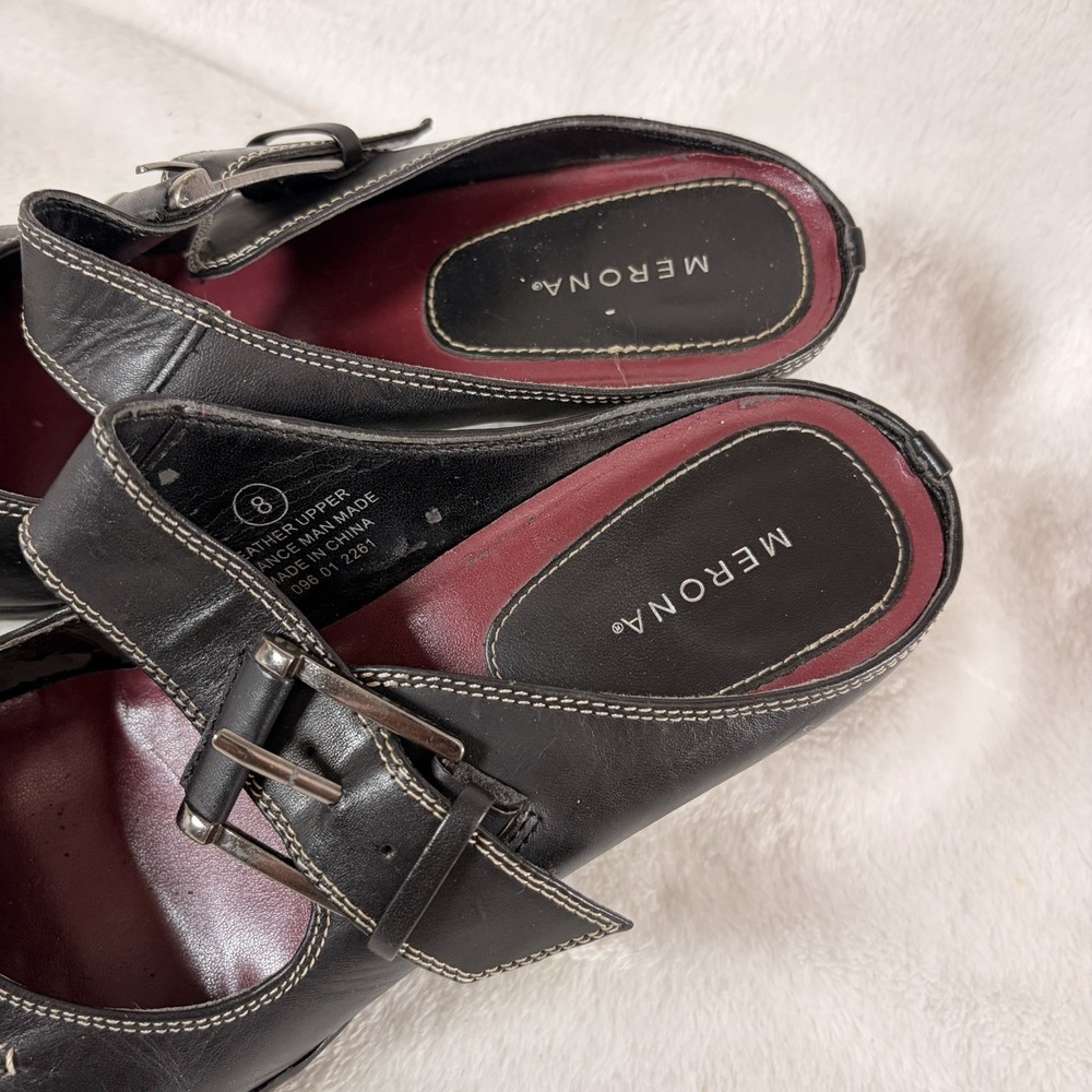 Merona Black Leather Mary Jane Mules Square Toe Block Heel 8 Witchy Whimsygoth - Picture 2 of 10